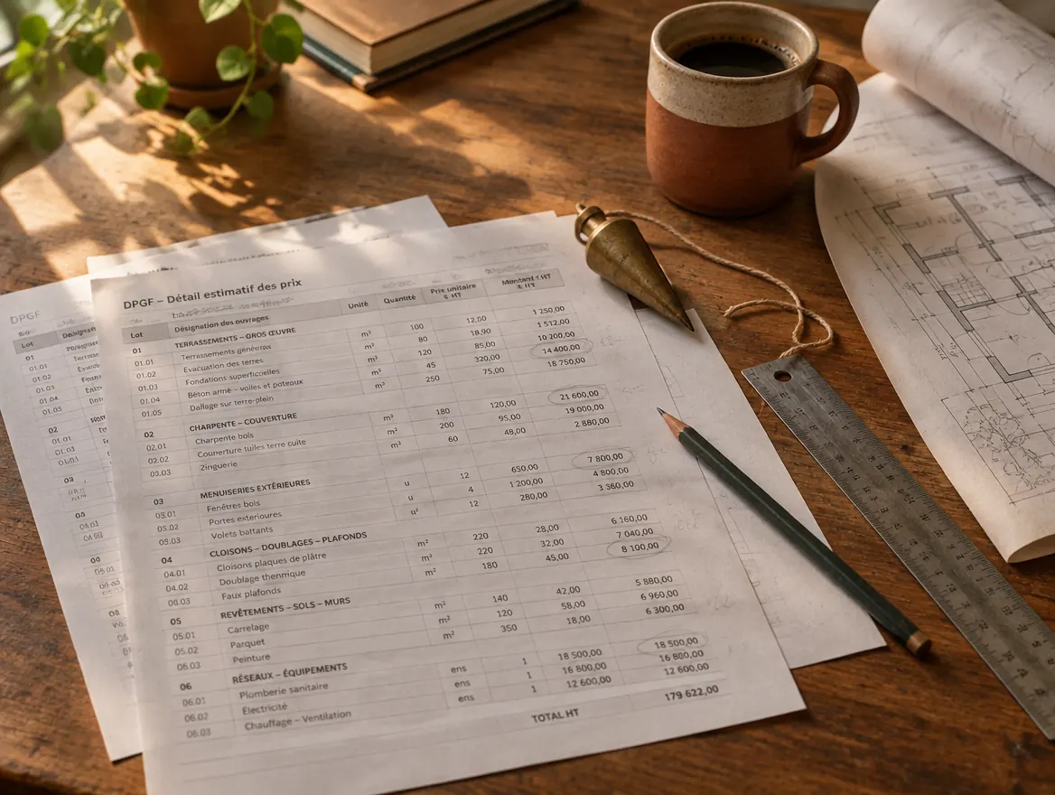 Un bureau en bois dans la lumière de fin de journée : une DPGF imprimée annotée au crayon, un fil à plomb en laiton, une règle et une tasse de café.