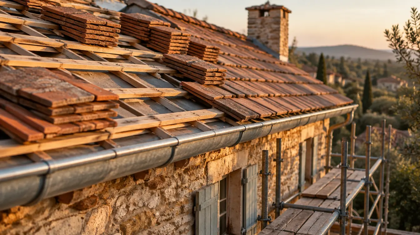 Réfection d'une toiture sur une maison en pierre : tuiles plates en attente sur des liteaux neufs, gouttière en zinc et échafaudage, au soleil couchant.